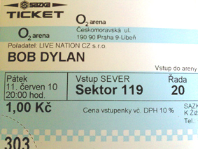 Vstupenka na včerejšího Boba Dylana / Praha, 12. 06. 2010